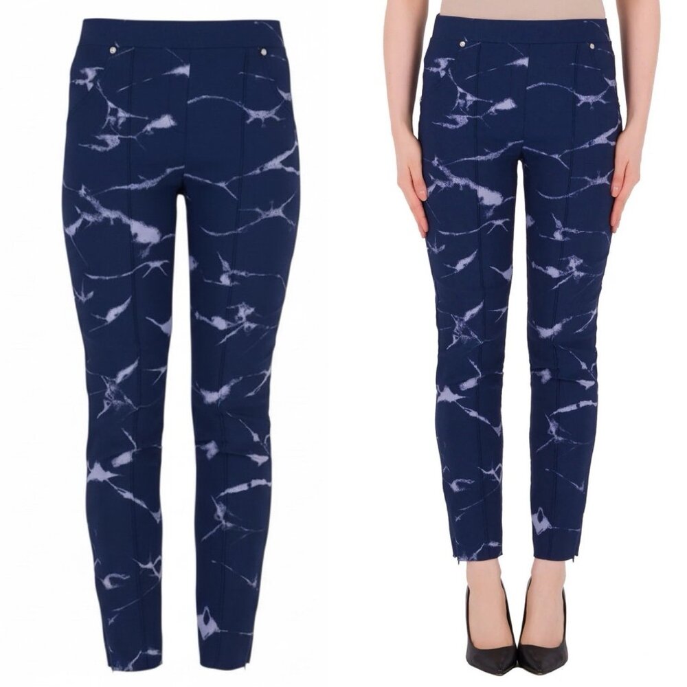 Joseph Ribkoff Denim Blue Pants Size 2 Navy Tie Dye Ankle Zip Micro Twill Skinny
